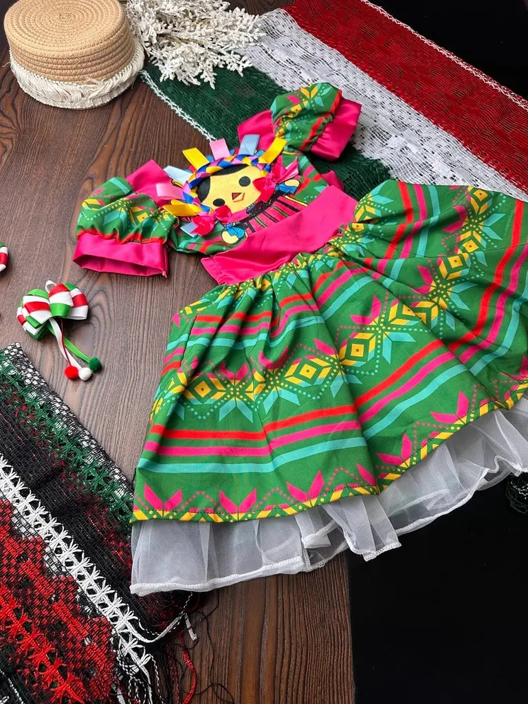 Vestido Mexicano Tipico Fiestas Patrias Colorido Para Niña